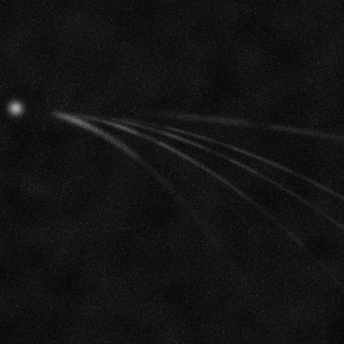 Synthetic Thomson parabola detector image: several bright curved ion tracks against noise